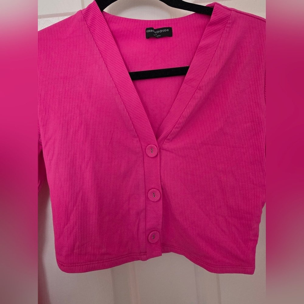Pink Ribbed Button-Up Crop Cardigan - Picture 2 of 4